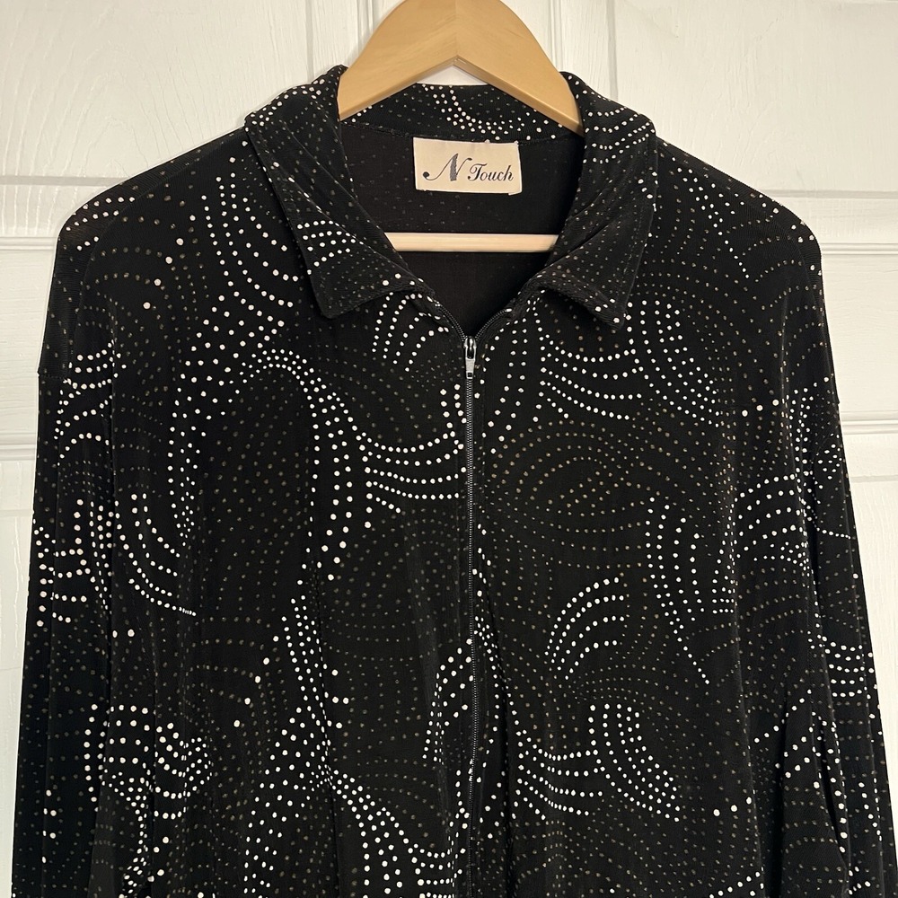 Vintage Touch Women Large Black/White Zipper Jacket Blouse W/pockets Witchy Goth - Picture 3 of 9